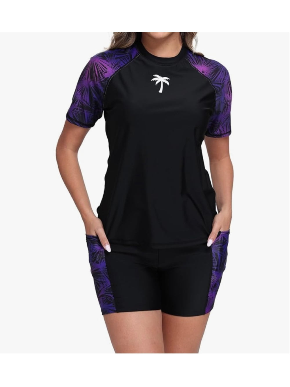 Halcurt Black & Purple Palm Print Rash Guard Swim Set XXL NWT